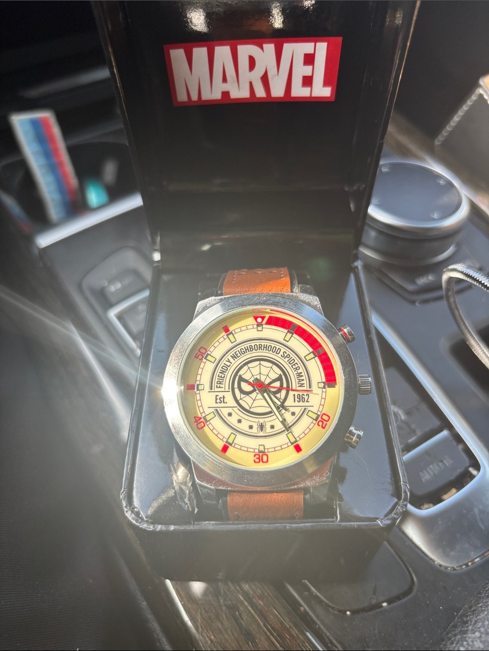 Marvel Men's Tan Leather Strap Watch with Red Accents and Spider-Man Dial